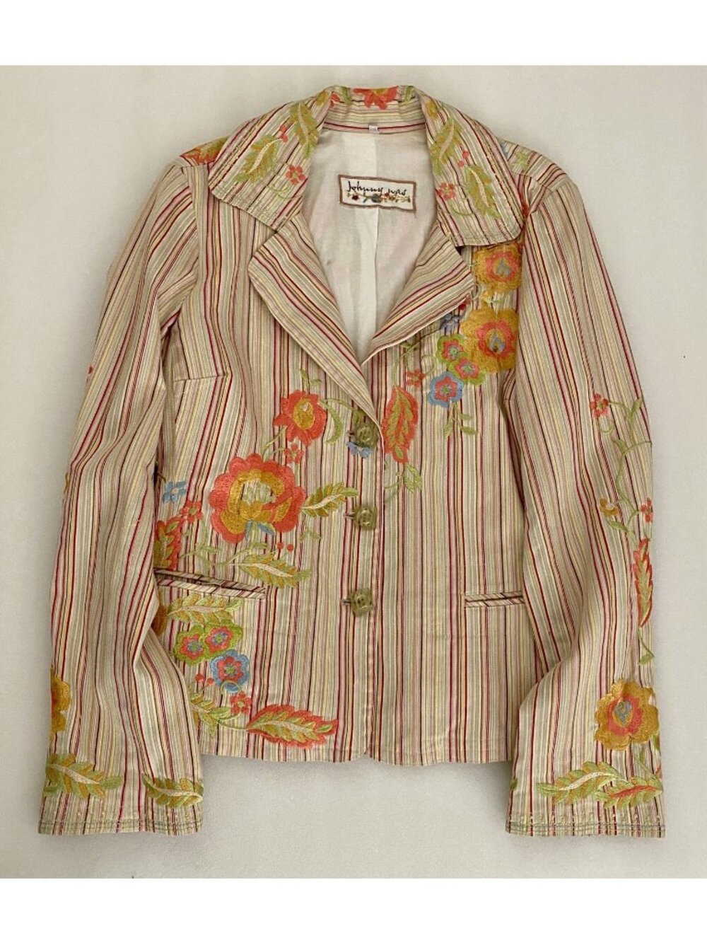 Johnny Was Striped Embroidered Blazer Lined Large Warm Colors READ